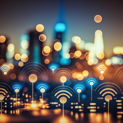 City skyline blurred using the bokeh effect, with WiFi signals showing across the image.